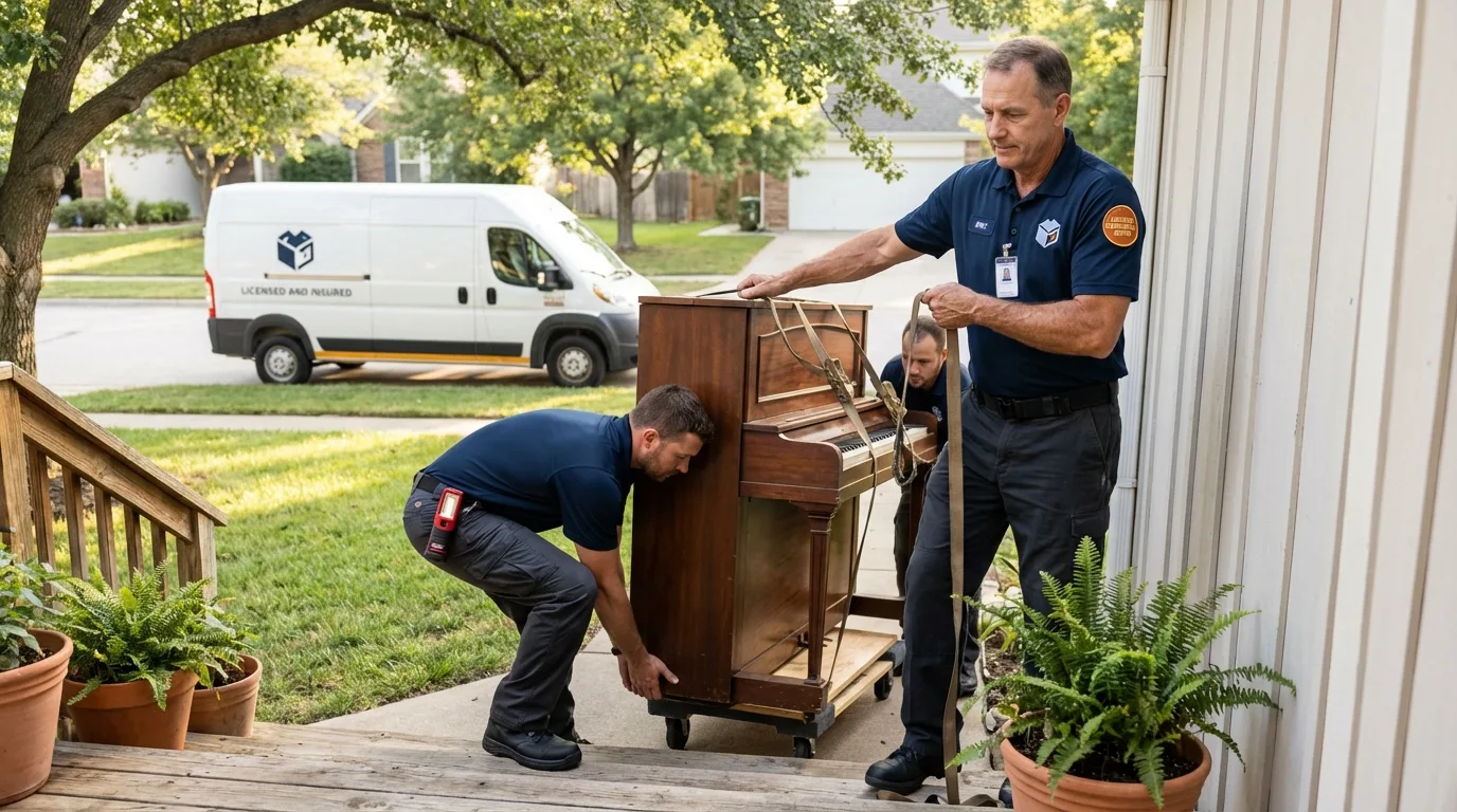 Licensed piano movers securing grand piano in Saint Helens, OR
