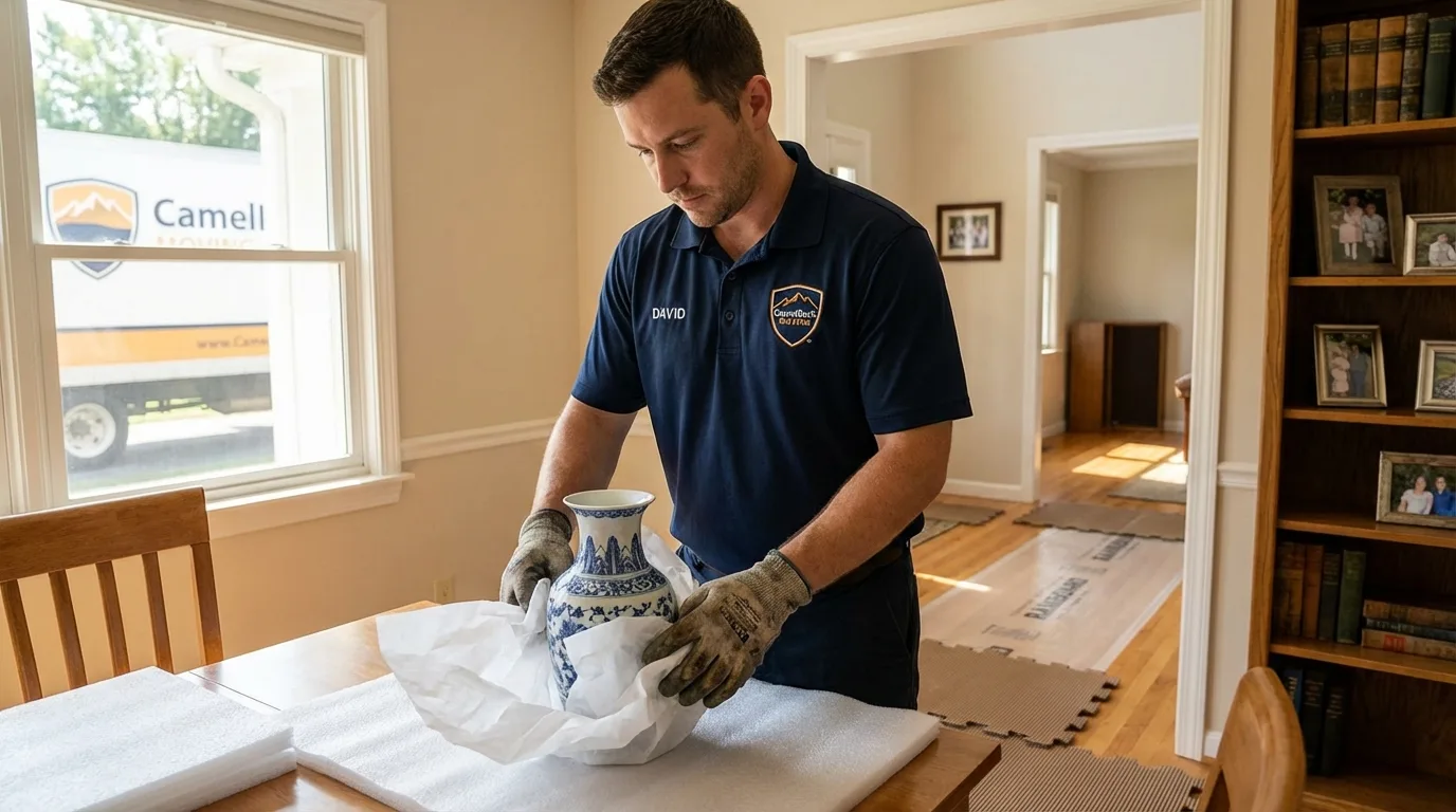 Professional crew carefully wrapping antique vase for senior downsizing move in Saint Helens, OR
